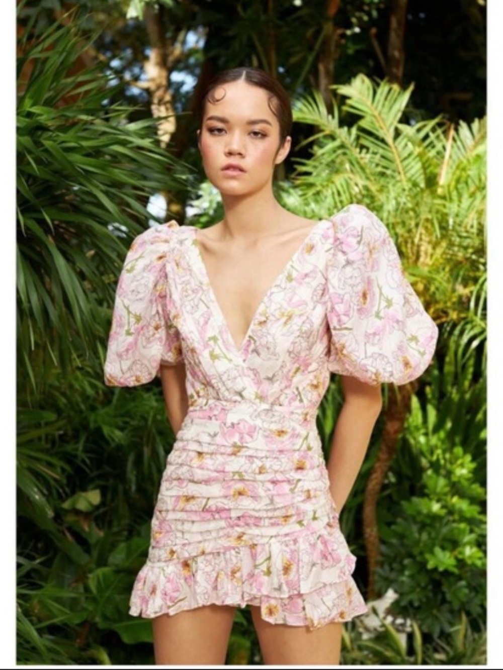 Pink‎ Floral Puff-Sleeve Mini Dress with Ruching